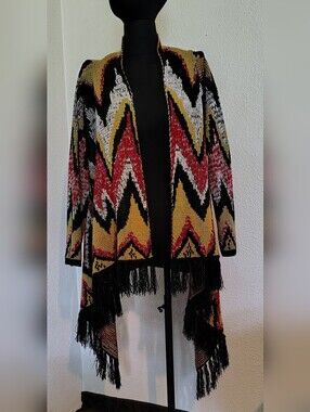 Woven Heart Boho Multicolor Chevron Fringe Aztec Open Cardigan Women Medium